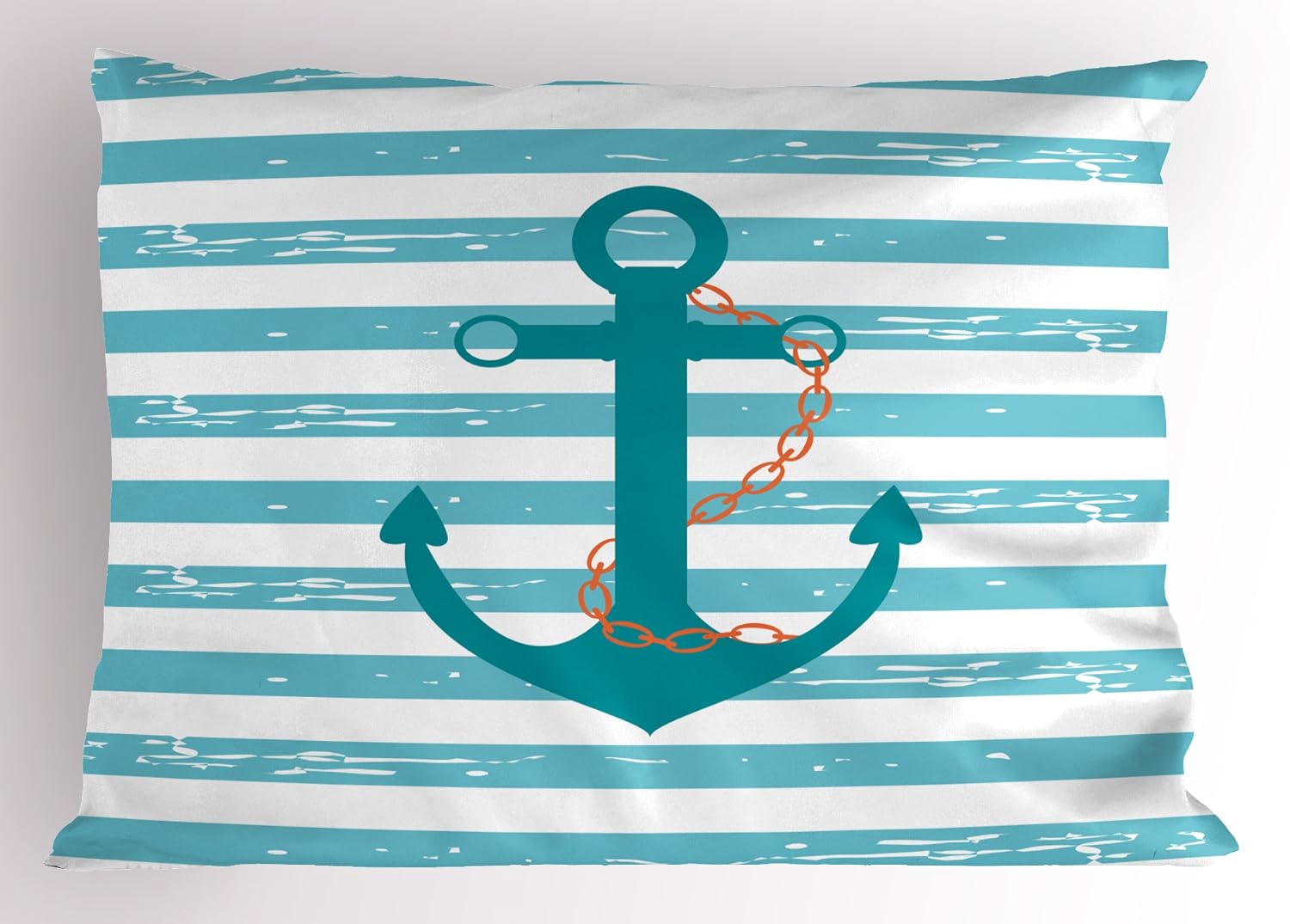 Ambesonne Teal Pillow Sham, Ship Anchor Chain Marine Life Inspired with Lines Background Ocean Sailing, Decorative Standard Queen Size Printed Pillowcase, 30" X 20", Turquoise White