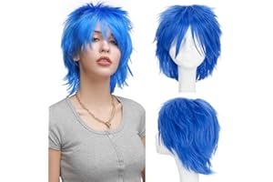 S-noilite Women Mens Male Short Fluffy Straight Hair Wigs Anime Cosplay Party Costume Dress Synthetic Spiky Wig (Dark Blue)
