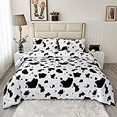 SDY 3 Pcs Milk Cow Print Stuff Bedding Comforter Set Queen with 2 Pillowcases for Kids Girls Women, Microfiber, Light Breathable Cozy White Base Cute Milk Cow Print Pattern, Queen Size