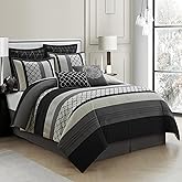 LANCO MODERN LIFESTYLE Queen Comforter Set, Black Gray Bedding Set, Jacquard Woven with Embroidery, 8 Pieces Bed in a Bag, Bed Skirt, Shams and Decorative Pillows