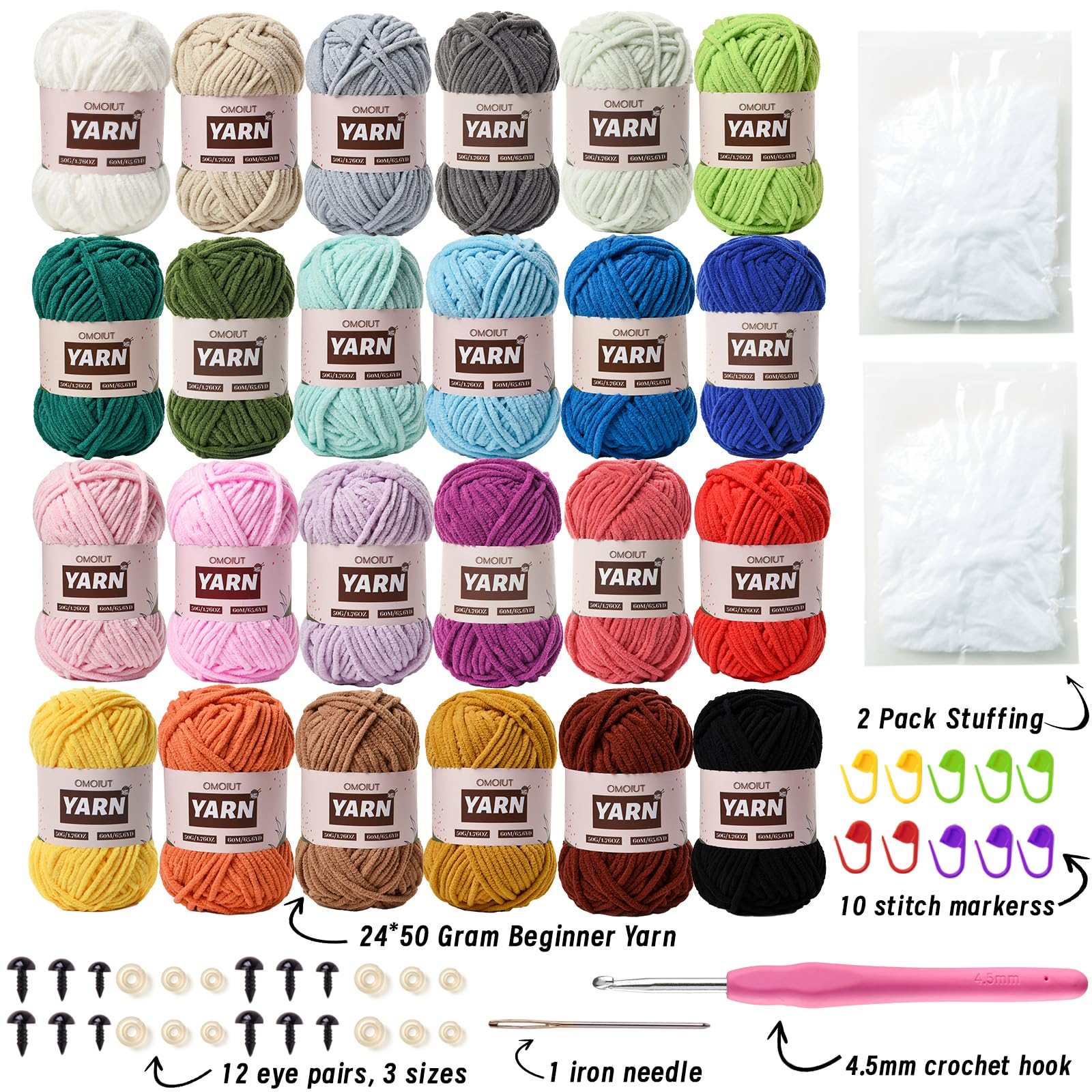 24 Pack Chenille Velvet Yarn - Baby Yarn for Crocheting Soft - Amigurumi Yarns Set with 1200g(1574yd) Crochet Yarns Crochet Hook、Stitch Markers、Fluffy Stuffing、Accessories