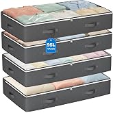 Budding Joy 95L Under Bed Storage Containers, 4 Pack Closet Organizers Grey | Foldable underbed storage bins for linen sheets, blanket, clothing, comforter, sweaters, pillows, wrapping paper