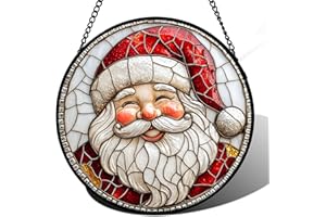 HWRHTR Stained Glass Window Hanging - Red White Santa Claus Suncatcher for Doors Home Christmas Decoration Winter Sun Catcher Thanksgiving New Year Birthday Gifts for Women Men Mom Nana Girl 6.3 in
