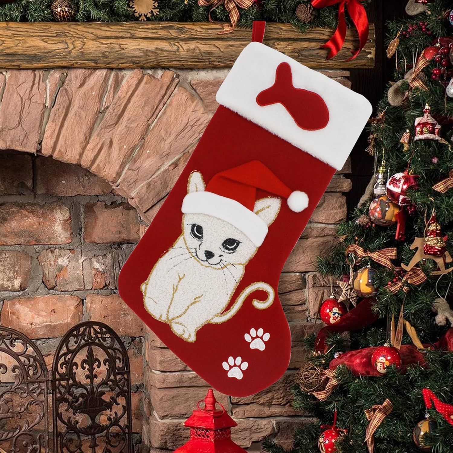 Stockings & Holders - ETERAMUS Cat Christmas Stocking Single, 20 inch Large Animal Felt Embroidered Cat Christmas Stockings, 3D Cute Cat Xmas Stockings with Pet Paw, Fish and Plush Cuff for Kitty Xmas Decorations…