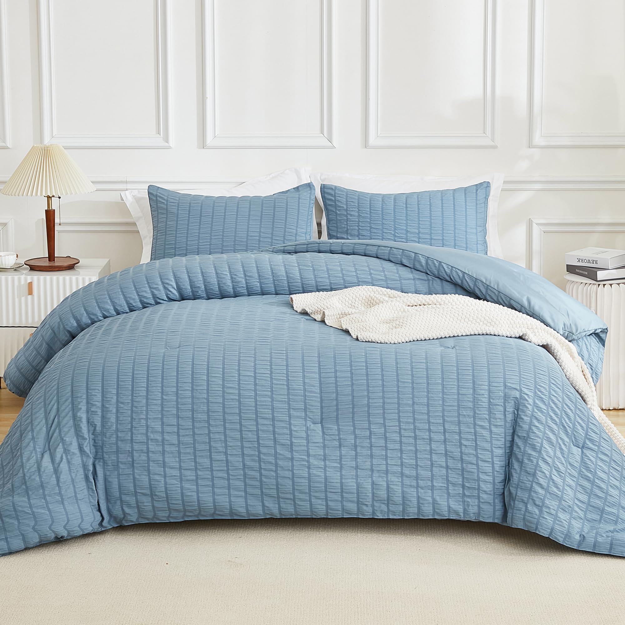 Photo 1 of AveLom Seersucker Comforter Set - Full Size - Grayish Blue - 80x90 Inches - 3 Pieces - Unisex