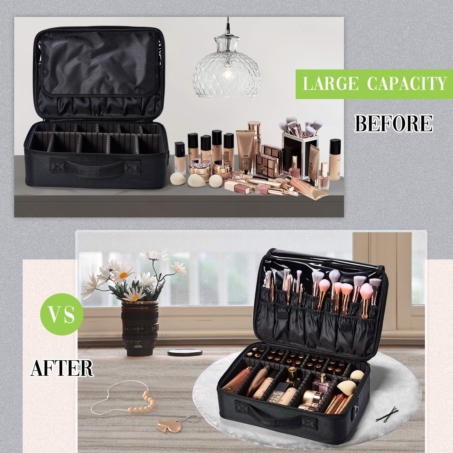 Joligrace Large Oxford Fabric Professional Makeup Bag with Removable Back Strap Cosmetic Case Beauty Box Hairdressing Tools Organiser Storage Box (Double Tiers Medium - Image 3