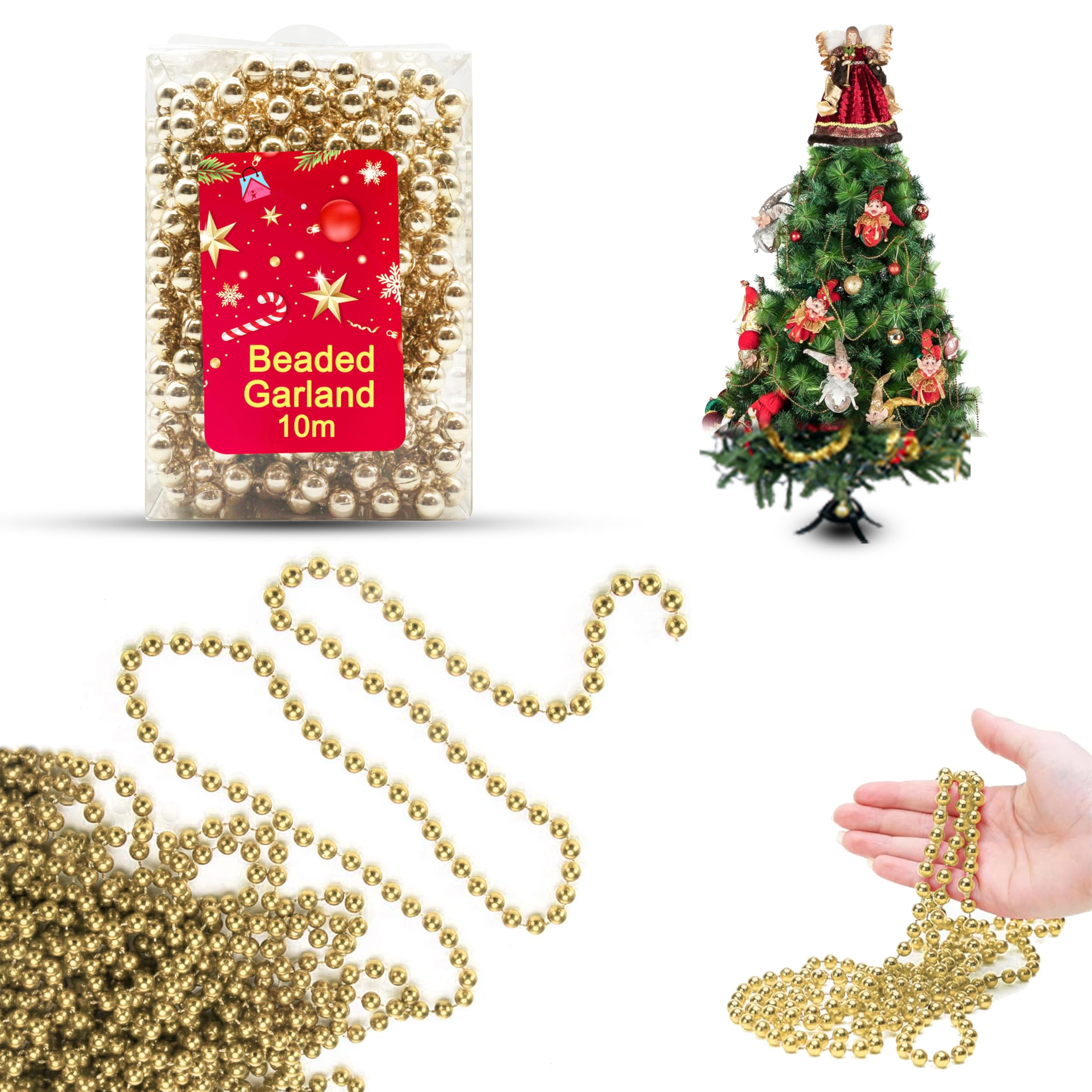 Champagne Gold Bead Chain 10m - Luxury Plastic Christmas Garland, Xmas Chain for Table & Tree Decorations, Party Decor