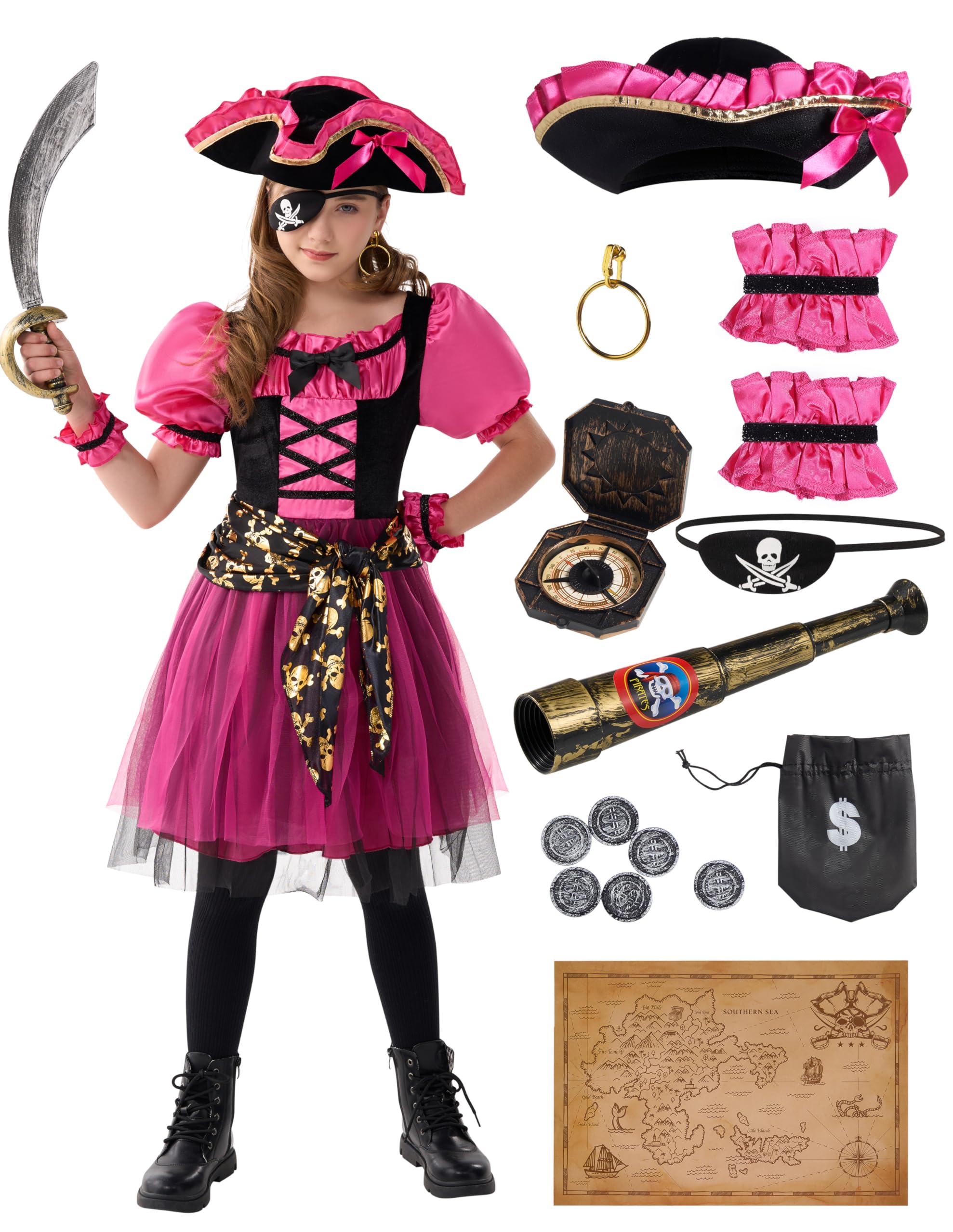 Spooktacular Creations Halloween Costume for Girls, Kids Pirate Costume, Magenta Buccaneer Dress for Girls Halloween Party Princess Role Play(Medium(8-10 yrs))
