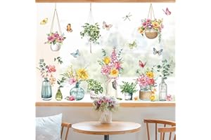 Decalmile Potted Plants Window Clings - Flowers Easter Decals Anti-Collision Glass Doors Stickers