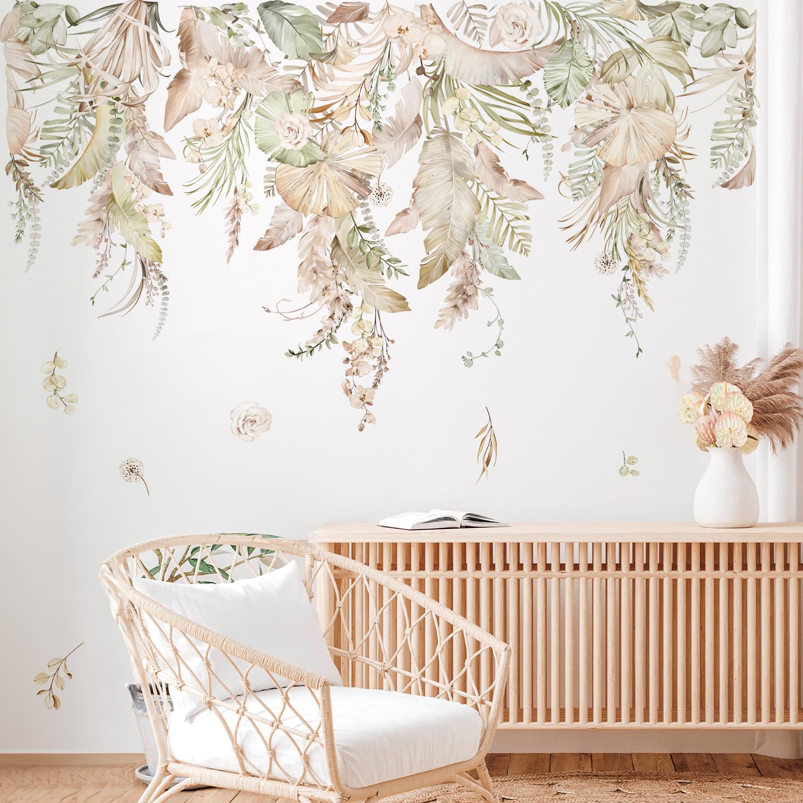 Decalmile Boho Hanging Leaves Wall Decals - Palm Leaf Plants Wall Stickers for Bedroom, Living Room, Kitchen, Office