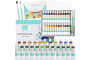 COLOUR BLOCK 32 Ultimate Watercolor Paint Set for Adults and Artists, Contains 24 Vibrant Colors, 2 Brushes, 6 Sheets Watercolor Paper, Perfect for School Supplies