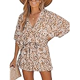 CUPSHE Women's Summer Romper Lace Up Printed Half Sleeves Casual Wide leg Vacation Outfit Mini One Piece Jumpsuit