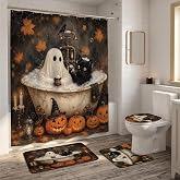 Inisajace Funny Halloween Bathroom Shower Curtain and Rug Set, 4PCS Ghost Curtain Bath Mat Toilet Lid Cover and U-Shaped Mat, Spooky Bathroom Decor Accessories Set