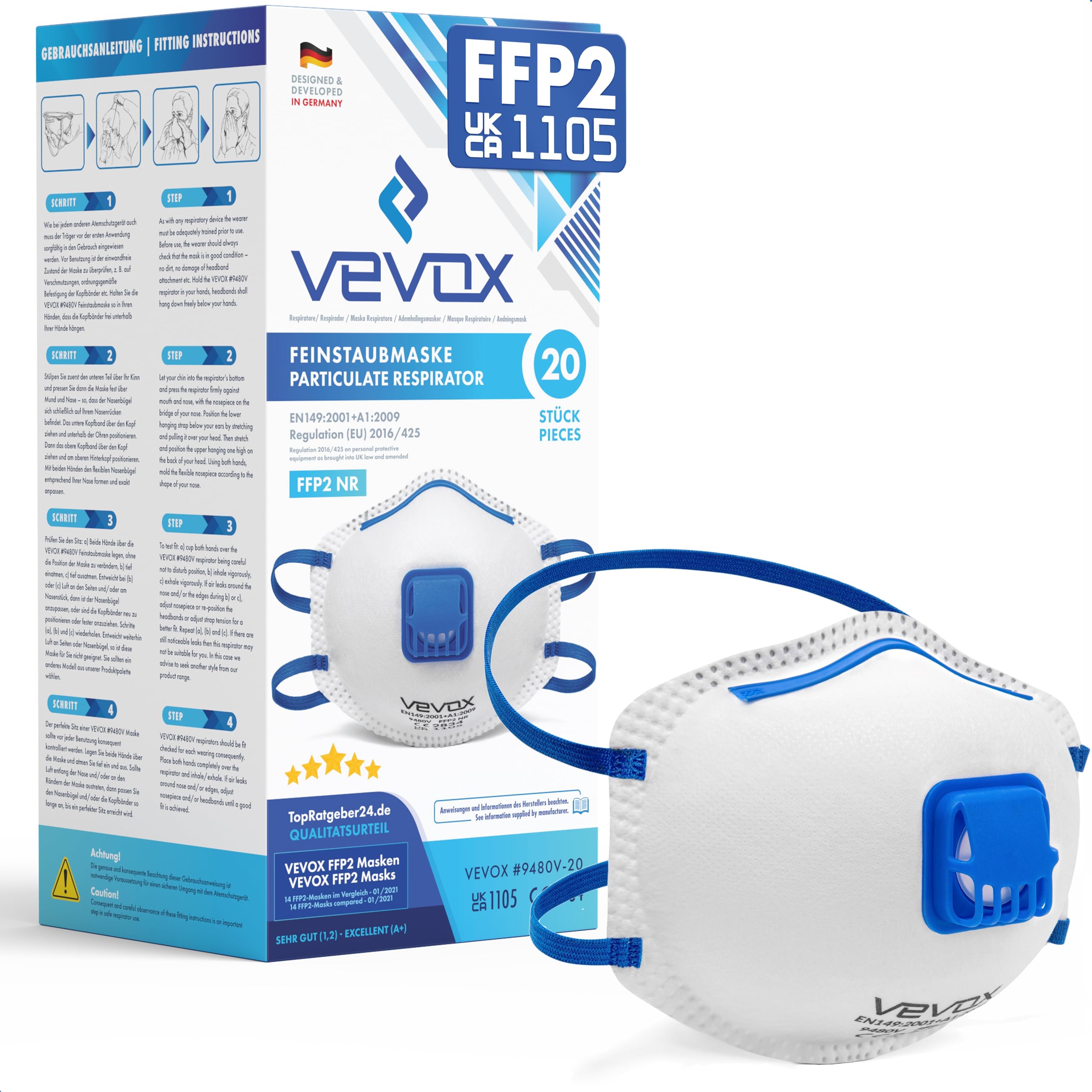 VEVOX® FFP2 Dust Mask - Set of 20 - Valved Face Masks - Respirator - Protection e.g. for Construction, Building Work, Sanding, Woodworking, Fine Dusts, Aersoles or Particles