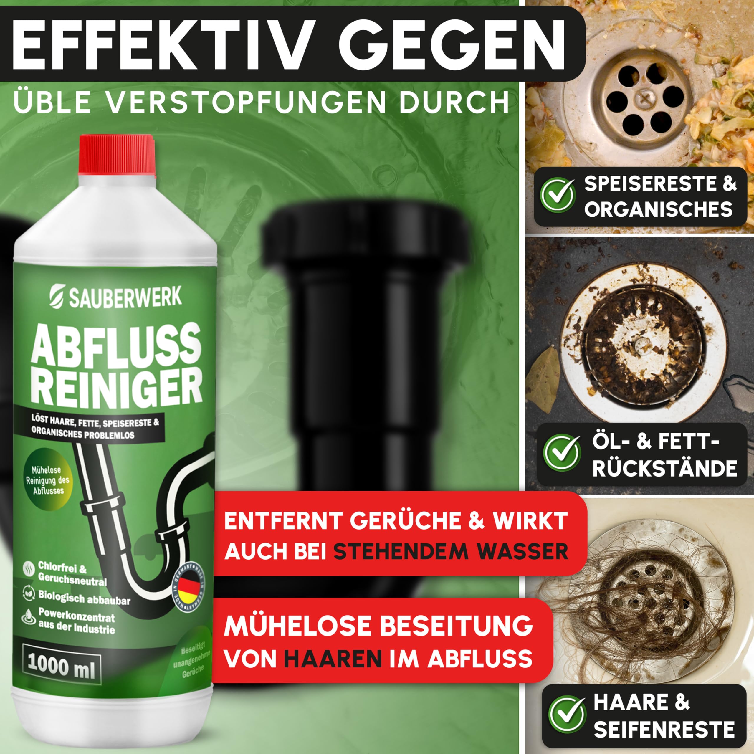 SauberWerk® - Profi Abflussreiniger & Rohrreiniger „Haarfrei“ (1L) - Haarentferner flüssig für Toilette, WC & Küche EXTRA STARK - Rohrfrei & Abflussfrei gegen Abfluss-Verstopfung Haare & Organischem 4