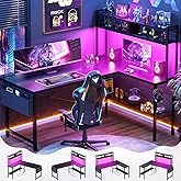 Aheaplus 59" L Shaped Desk Gaming Desk with LED Light &amp; Power Outlet, Black | Reversible L Shaped Computer Desk, Home Office Desk Corner Gamer Desks with Shelves &amp; Storage Bag &amp; Hooks, Corner PC Desk