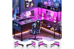 Aheaplus L Shaped Desk Gaming Desk, 59" L Shaped Computer Desk with LED Light & Power Outlet, Reversible Home Office Desk Gamer Desks with Shelves & Storage Bag & Hooks, Corner PC Desk, Black