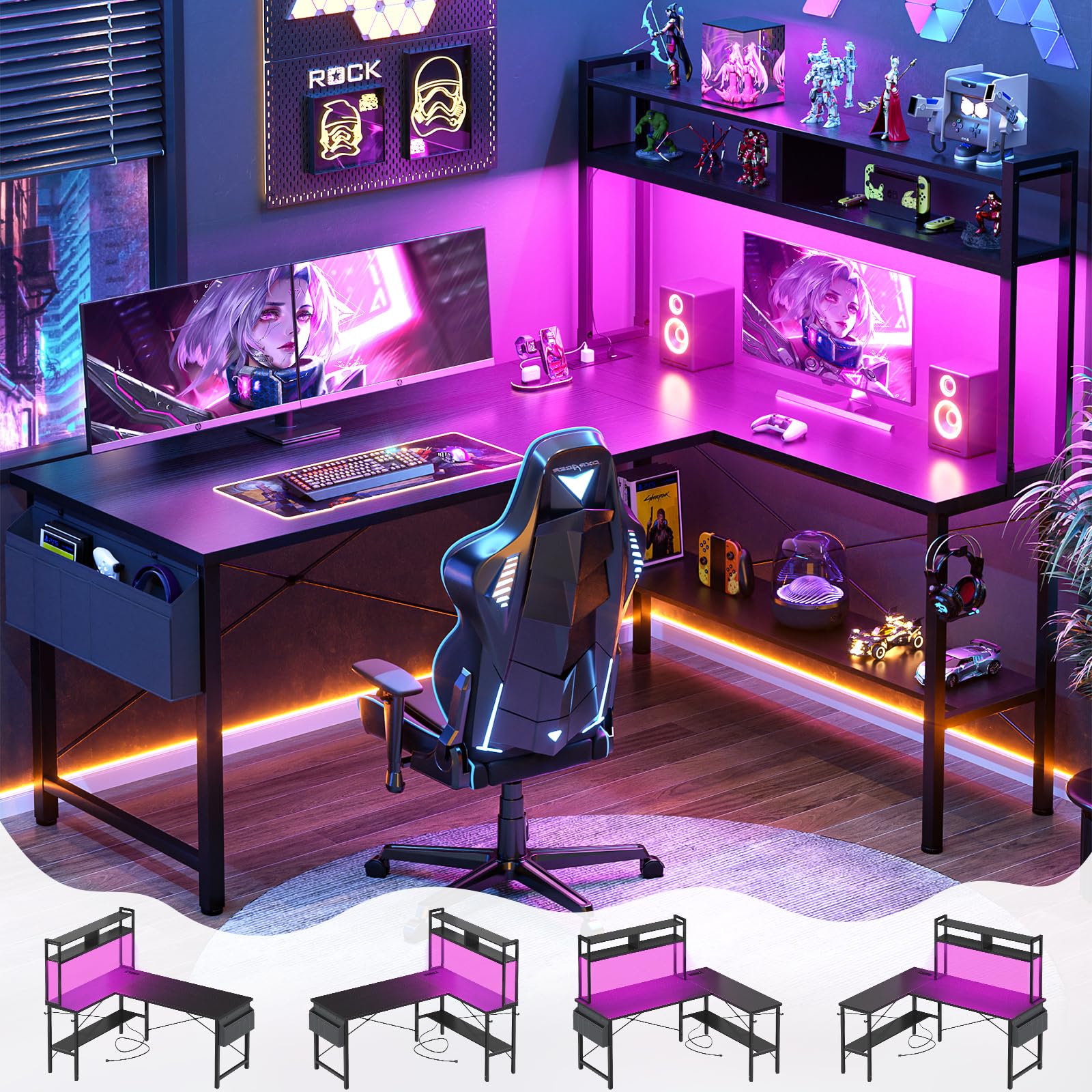 Photo 1 of Aheaplus L Shaped Desk Gaming Desk, 59" L Shaped Computer Desk with LED Light & Power Outlet, Reversible Home Office Desk Gamer Desks with Shelves & Storage Bag & Hooks, Corner PC Desk, Black