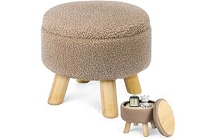 LIANTRAL Storage Ottoman, Small Round Ottoman with Storage, Modern Foot Rest Teddy Velvet with Wood Legs, Foot Stools Storage