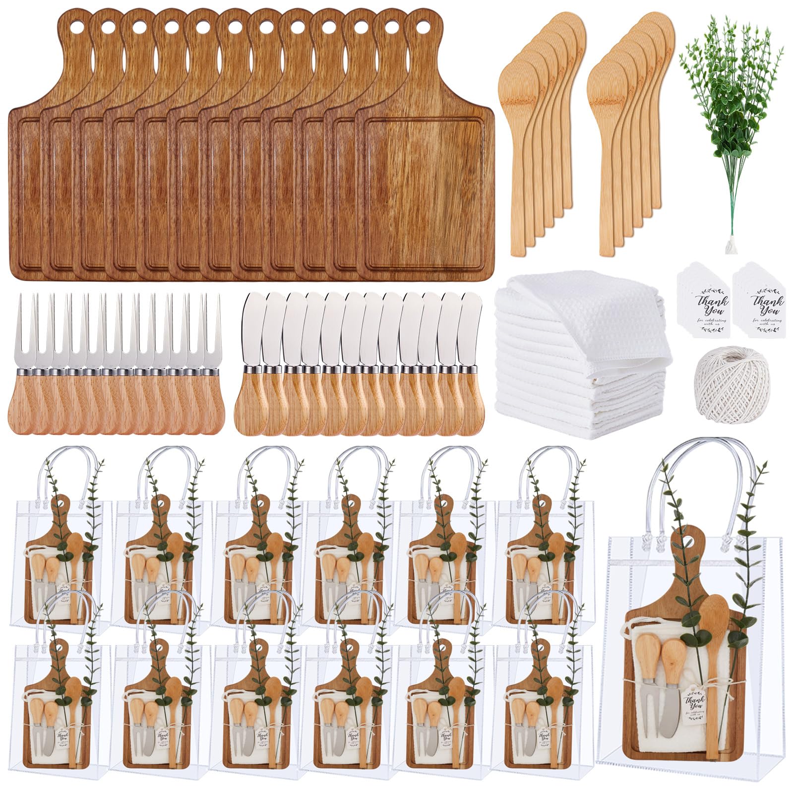 Baby Shower Prizes for Game Winners Bamboo Cheese Board Spoon Fork Butter Spreaders Plaid Towel Thank You Card and Gift Bags for Baby Shower Wedding Bridal Shower Favors (Acacia, 12 Sets)