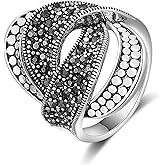 Mytys Vintage Wide Ring Classic Black Marcasite Crystal Rows Statement Silver Chunky Rings