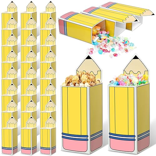 Harloon 24 Pcs Pencil Gift Boxes Back to School Candy Popcorn Holders Bulk Pencil Shaped Bags School Party Favors Welcome Classroom Decorations Treat Boxes Gifts for Teacher Students