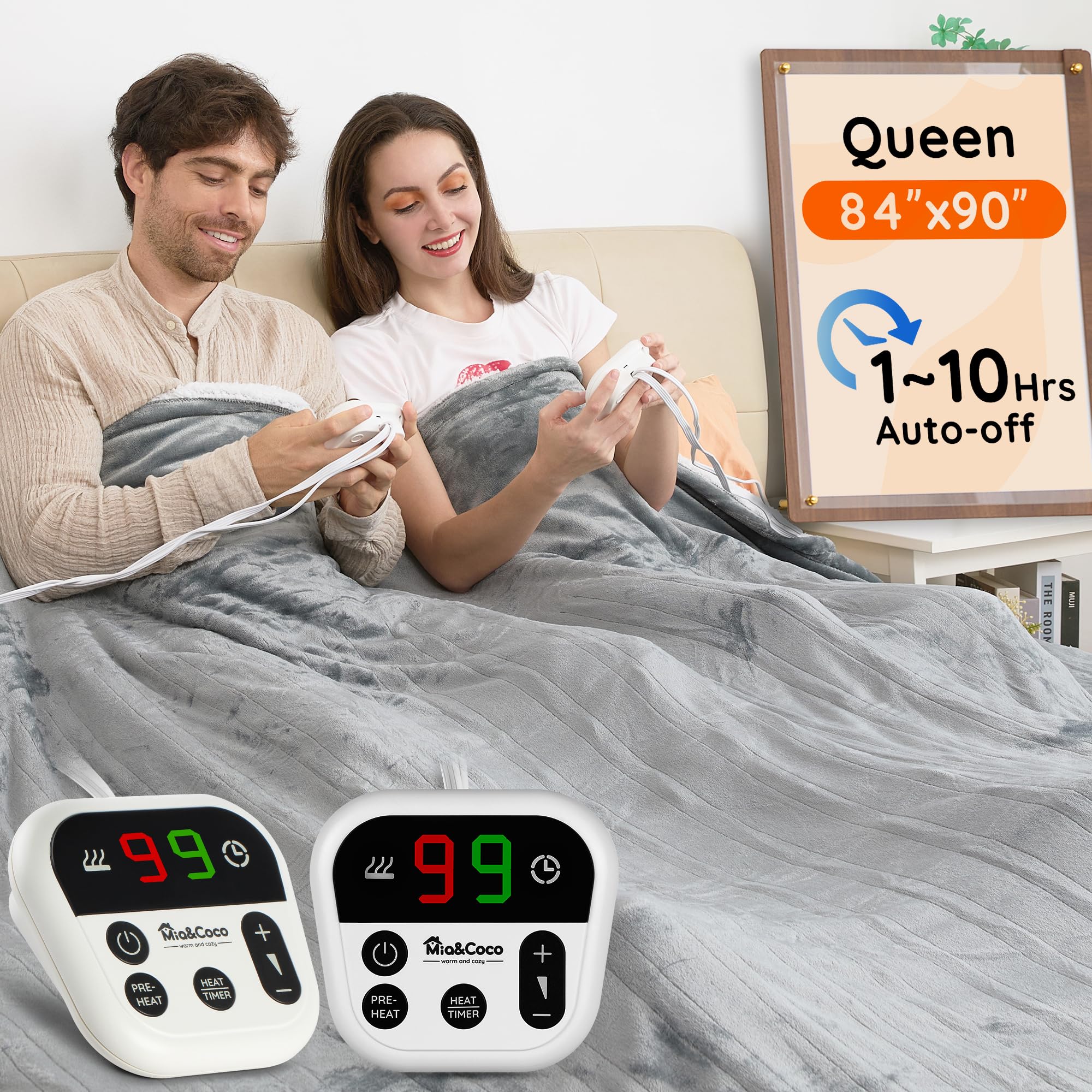 Photo 1 of Mia&Coco Heated Blanket Queen Size -84"x90" Dual Control Flannel Electric Blanket,10 Heat Levels,10-Hour Auto-Off,Fast Heating,Overheat Protection, Soft Heating Blanket for Home and Office (Gray)