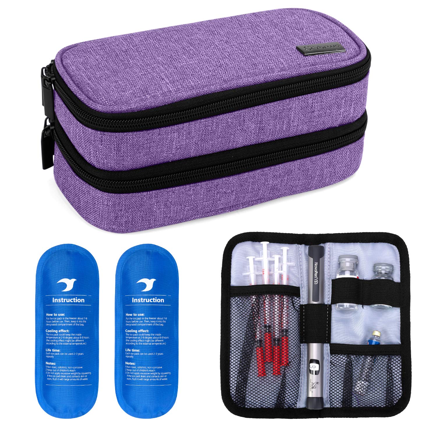 Yarwo Insulin Cooler Travel Case, Double-Layer Diabetic Travel Case with 2 Ice Packs, Diabetic Supplies Organizer for Insulin Pens, Blood Glucose Monitors or Other Care Accessories, (Medium, Purple)