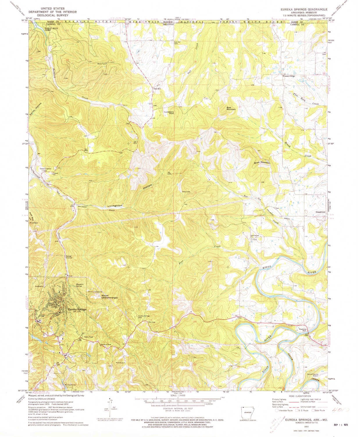 YellowMaps Eureka Springs AR topo map, 1:24000 Scale, 7.5 X 7.5 Minute, Historical, 1972, Updated 1973, 26.8 x 22.1 in