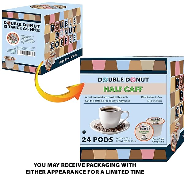 DOUBLE DONUT COFFEE HALF CAFF COFFEE PODS, SINGLE SERVE HALF CAFFEINE COFFEE PODS FOR KEURIG K CUP BREWERS, MEDIUM ROAST, 24 COUNT