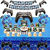 CEYAZYE 41PCS Video Game Birthday Decorations Set, Gaming Party Supplies with Foil Gamer Balloons, Banner, Tablecloth & Cake Toppers for Boys, Blue Gamer Theme Party Decor