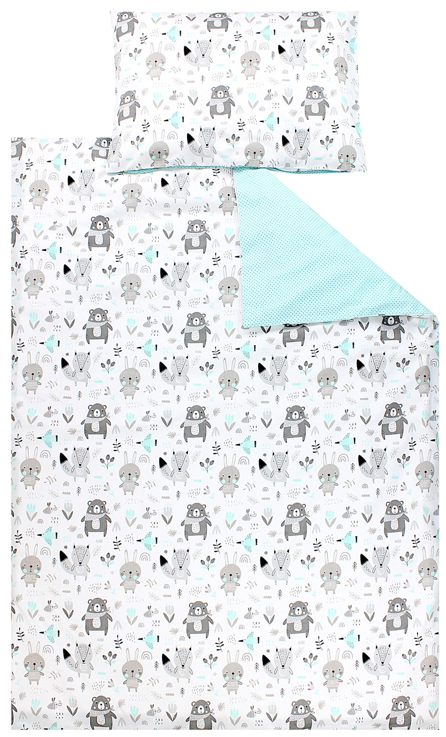 TupTam Children Bedding Set Duvet Cover Pillowcase Two-Sided, Bears/Foxes/Mint, 135x100 cm