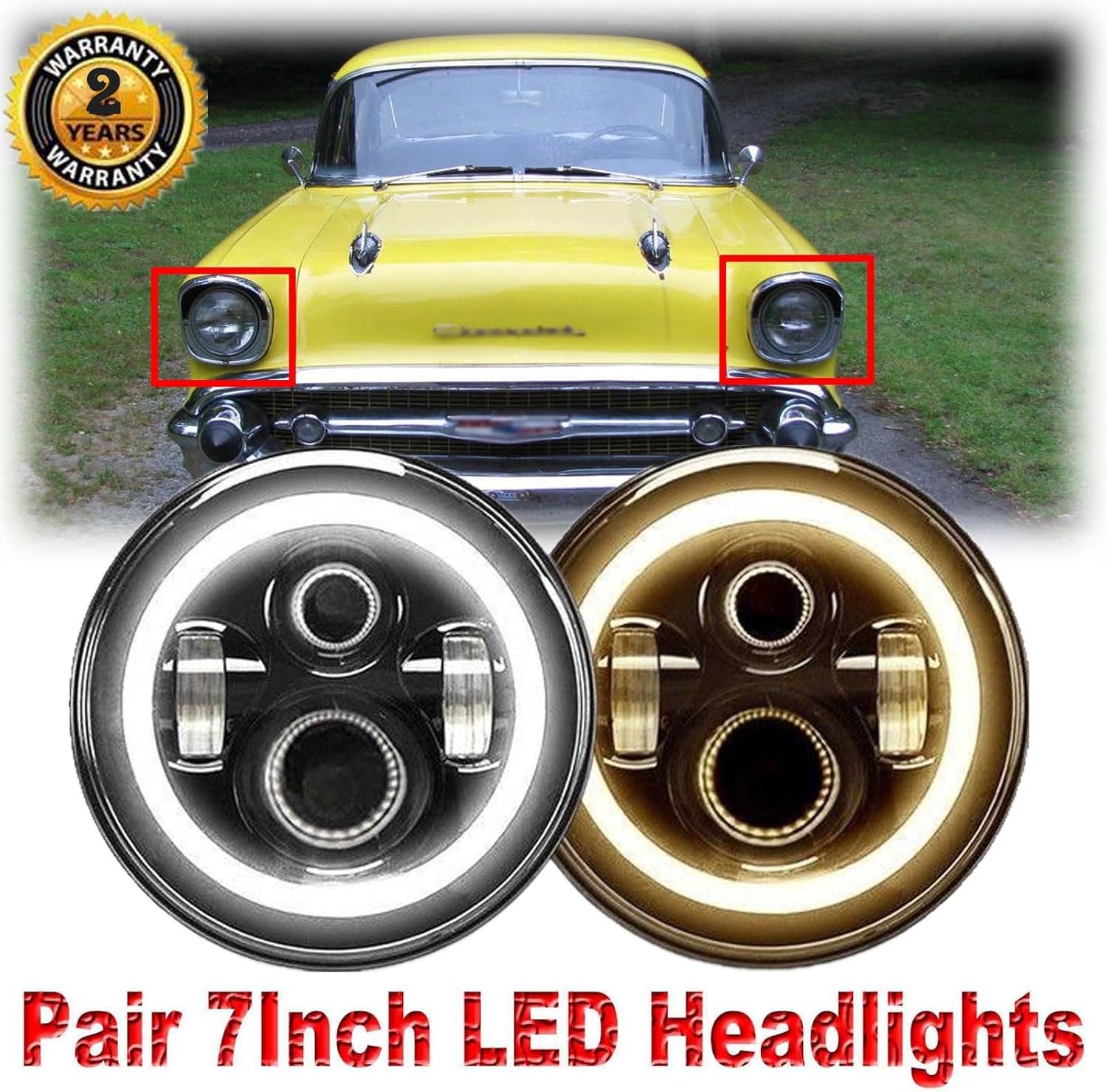 Pair 7 Inch Round LED Headlights with Amber Halo Ring for Chevy Truck (1947-1957 and 1962-1972), Super Bright 6000K White DRL and Yellow Turn Signal Lamps High Low Sealed Beam H6024 6024 H5024 H6017