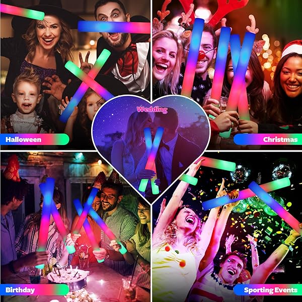 WELLENT 130 PCS LED FOAM GLOW STICKS BULK, GLOW IN THE DARK PARTY SUPPLIES WITH 3 MODES COLORFUL FLASHING, NEON PARTY FAVORS FOR BIRTHDAY, WEDDING, CARNIVAL, CONCERT, NEW YEAR