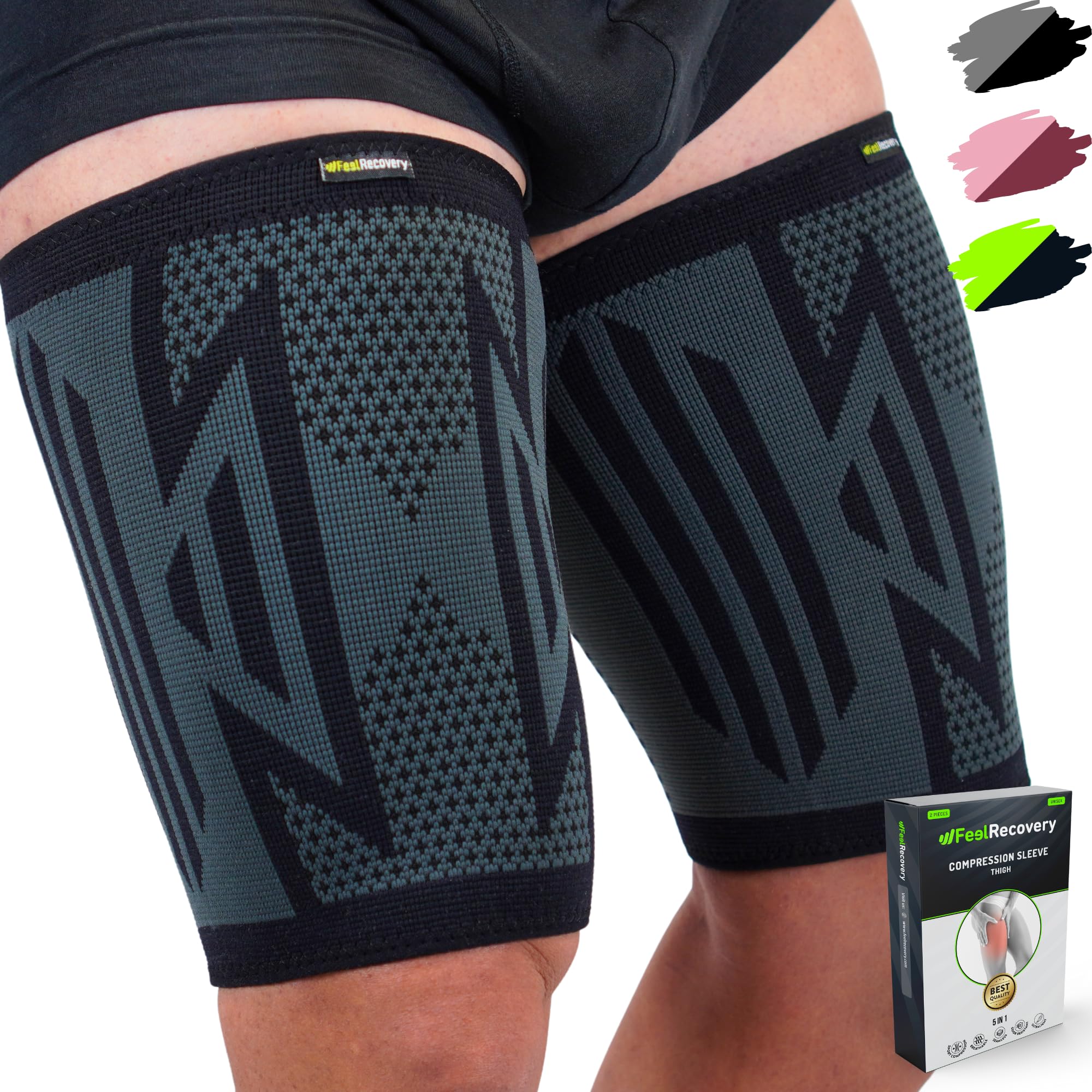 Feel Recovery 2 Pack Thigh Compression Sleeves for Men & Women - Thigh Support Brace for Hamstring, Quad & Groin Pain Relief, Muscle Strains, Cramps & for Running - Breathable & Non-Slip (M, Black)