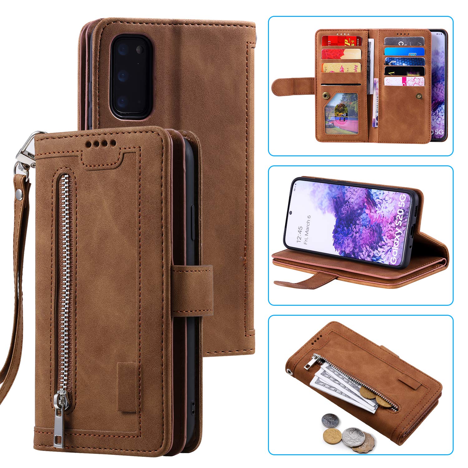 UEEBAI Wallet Case for Samsung Galaxy S20 FE 5G, Retro 9 Card Holder Slots Zipper Pocket Handbag Case PU Leather Magnetic Closure Kickstand with Wrist Strap TPU Shockproof folio Case - Brown