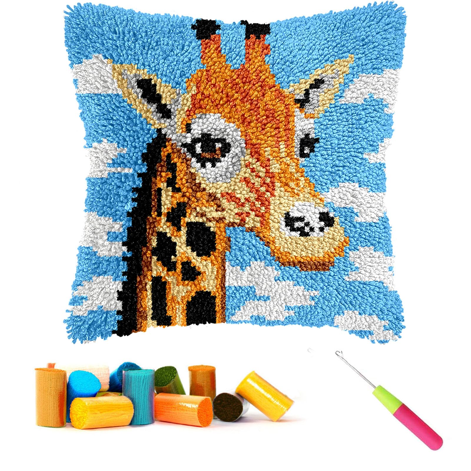 CCWORAN Giraffe Latch Hook Cushion Kits for Adults Beginners Kids Animal Pillow Cover Making Crochet Craft Kits Pre Printed Canvas Wool Yarn Hobbies DIY Sofa Home Decor Women Gift 2