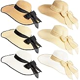 Xtinmee 6 Pcs Summer Women's Big Bowknot Straw Hat Wide Brim Foldable Floppy Adjustable UV Protection UPF 50+ Beach Hat