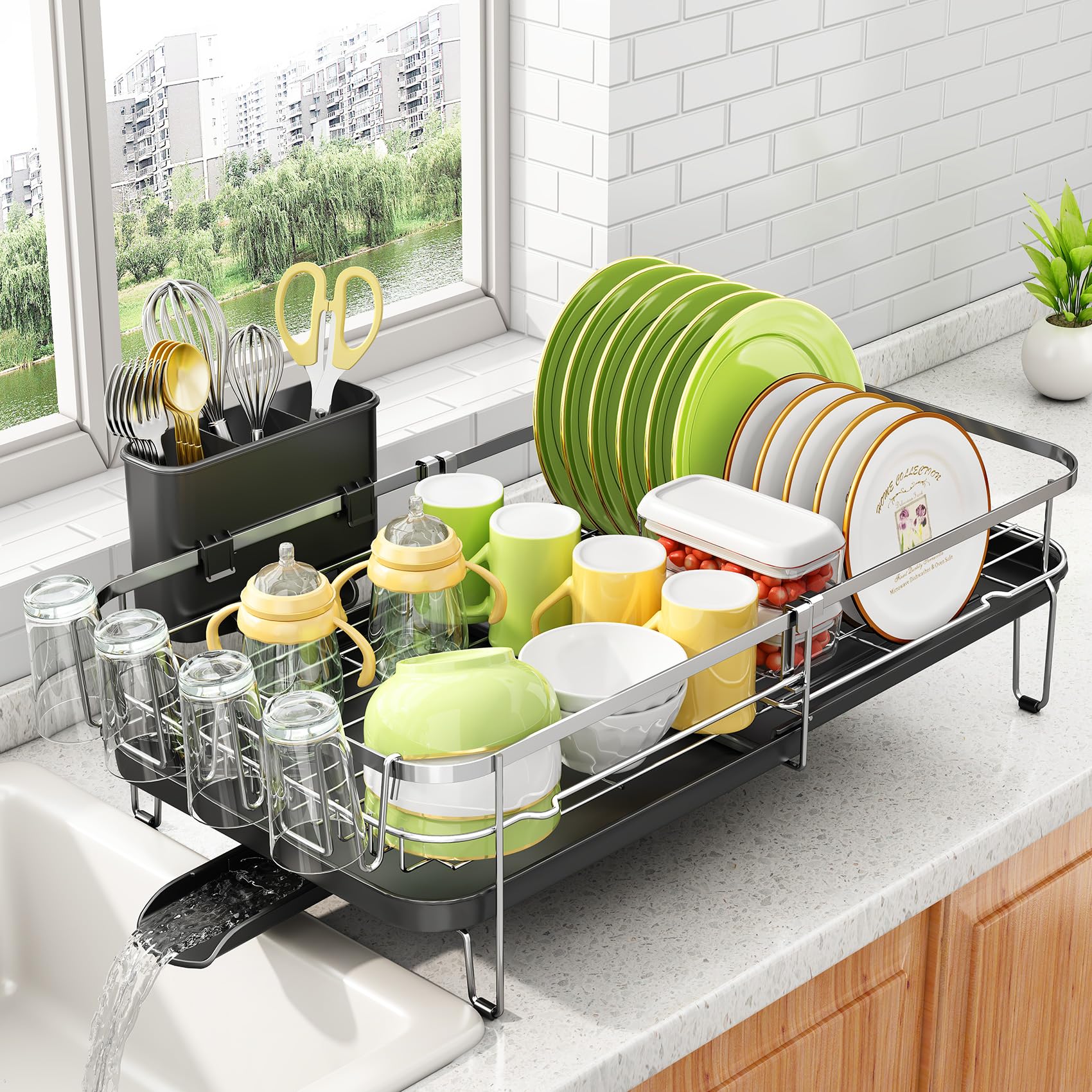Photo 1 of Dish Drying Rack, Expandable Dish Rack for Kitchen Counter, Stainless Steel Dish Drainer with Utensil & Cup Holder 13.8"-22.6" L x 12.1" W (Silver)