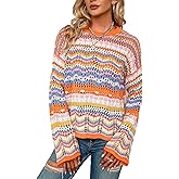 CORIRESHA Women's Y2K Colorful Stripes Crochet Sheer Long Sleeve Casual Knit Pullover Sweater