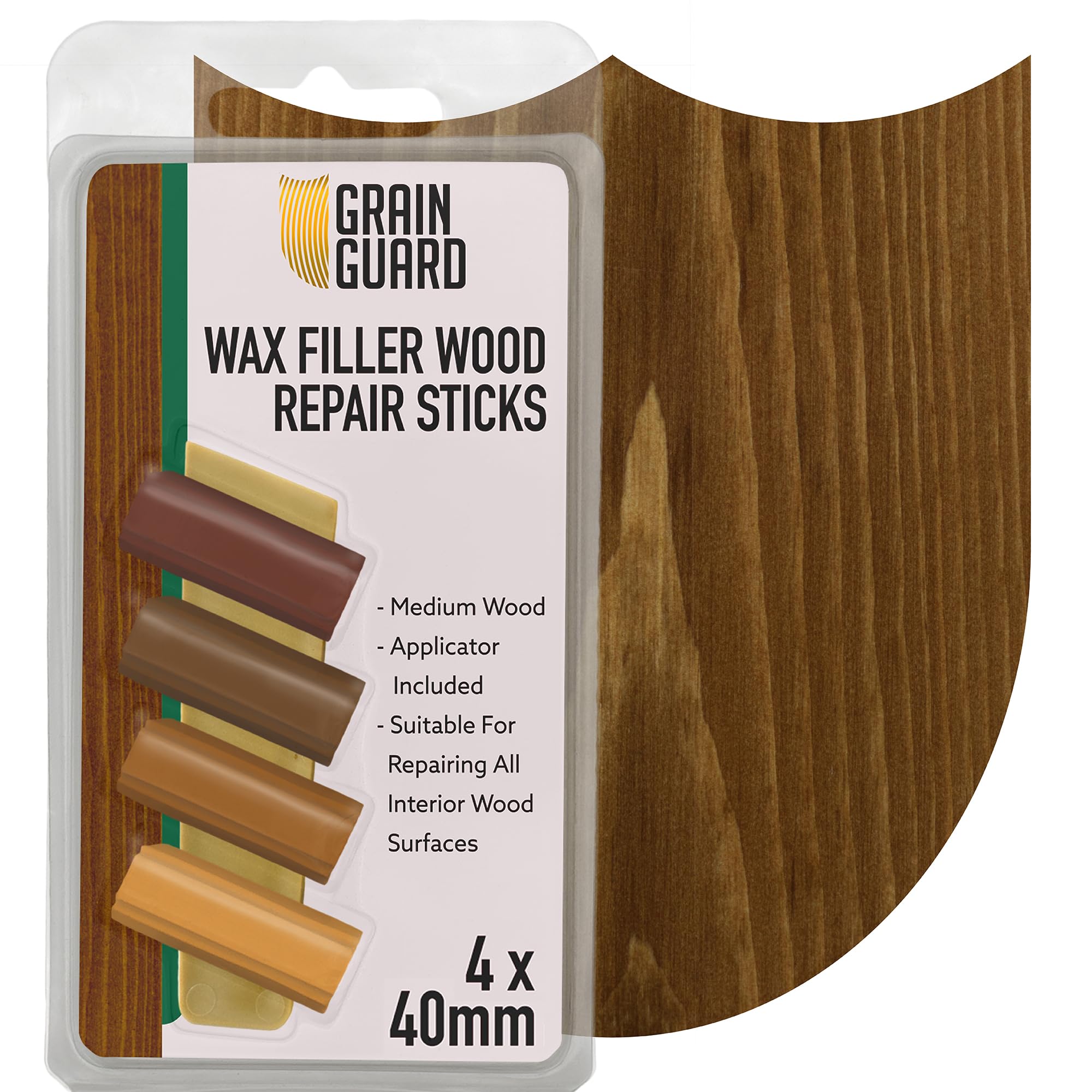 GRAIN GUARD Wax Filler Wood Repair Sticks | Medium Wood | Furniture Repair Kit | Multi-Surface: Wood, Plastic, Hard Surfaces | Blend to Colour Match | 4x40mm