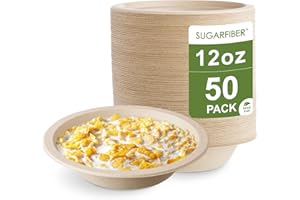 HARVEST PACK GOURMET SHOWCASE [50 Count] Harvest Pack PFAS Free 12oz Round Paper Bowls - Compostable Heavy-Duty Eco-Friendly Disposable Bagasse Bowls Sugarcane Natural Plant fibers for Meal Prep Takeout Dinnerware
