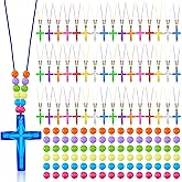 624 Pcs Crystal Cross Necklace Plastic DIY Easter Christian Religious Party Favors for Kids Include 48 Pcs Crystal Cross Necklace with 576 Colorful Bead for Christian Easter Bible Prize Favor