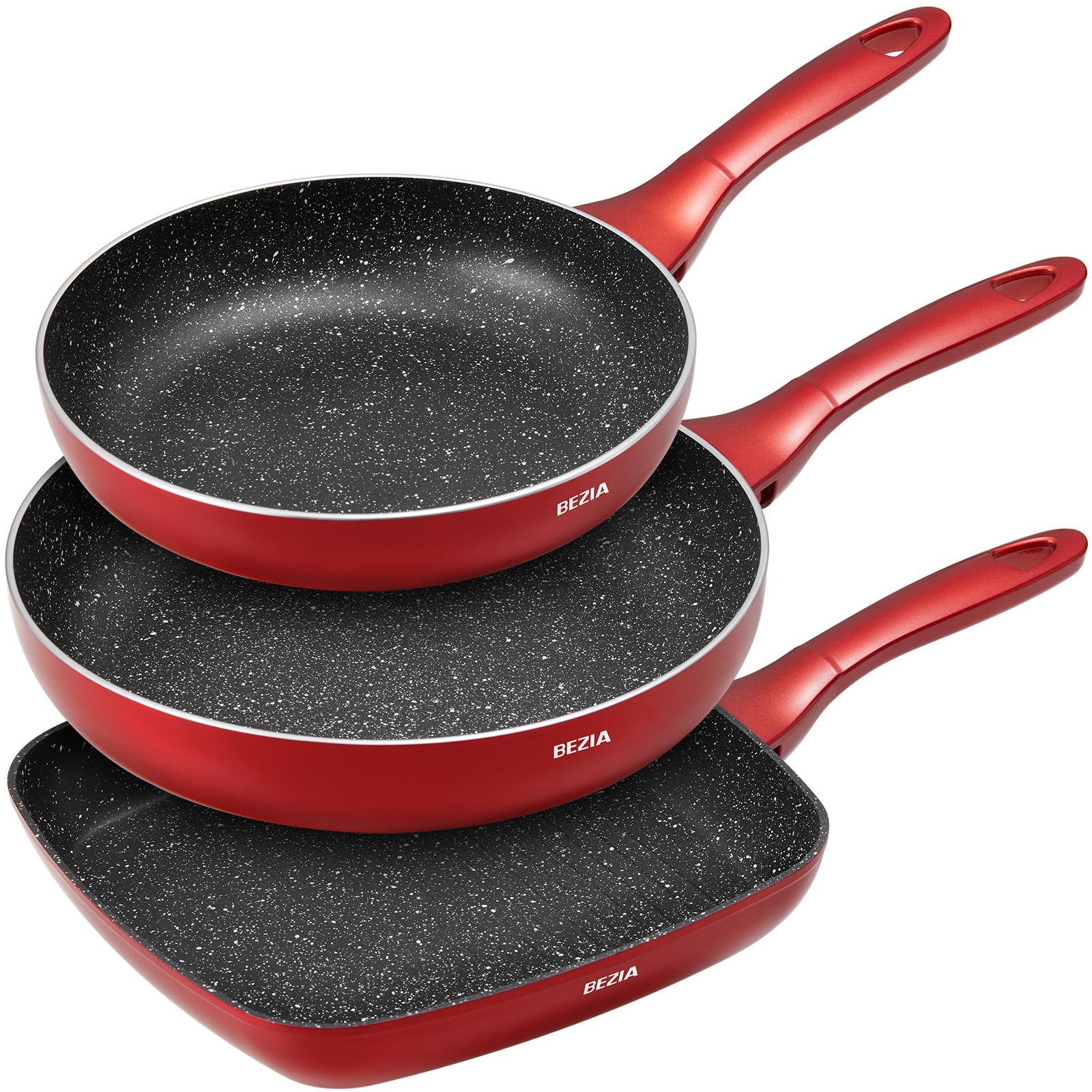 Photo 1 of BEZIA Nonstick Frying Pans Set 3 Piece, Skillets and Frying Pans 9.5, 11, 10.2 Inch, Dishwasher Safe Kitchen Cooking Pan, Non Stick Pan for induction cooktop, Omelette Egg Pan with Stay Cool Handle