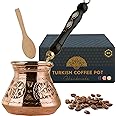 BCS 12 Oz Copper Turkish Greek Arabic Coffee Pot with Wooden Handle (4 servings) Cezve Ibrik Briki Stovetop Coffee Maker (Includes Wooden Spoon)