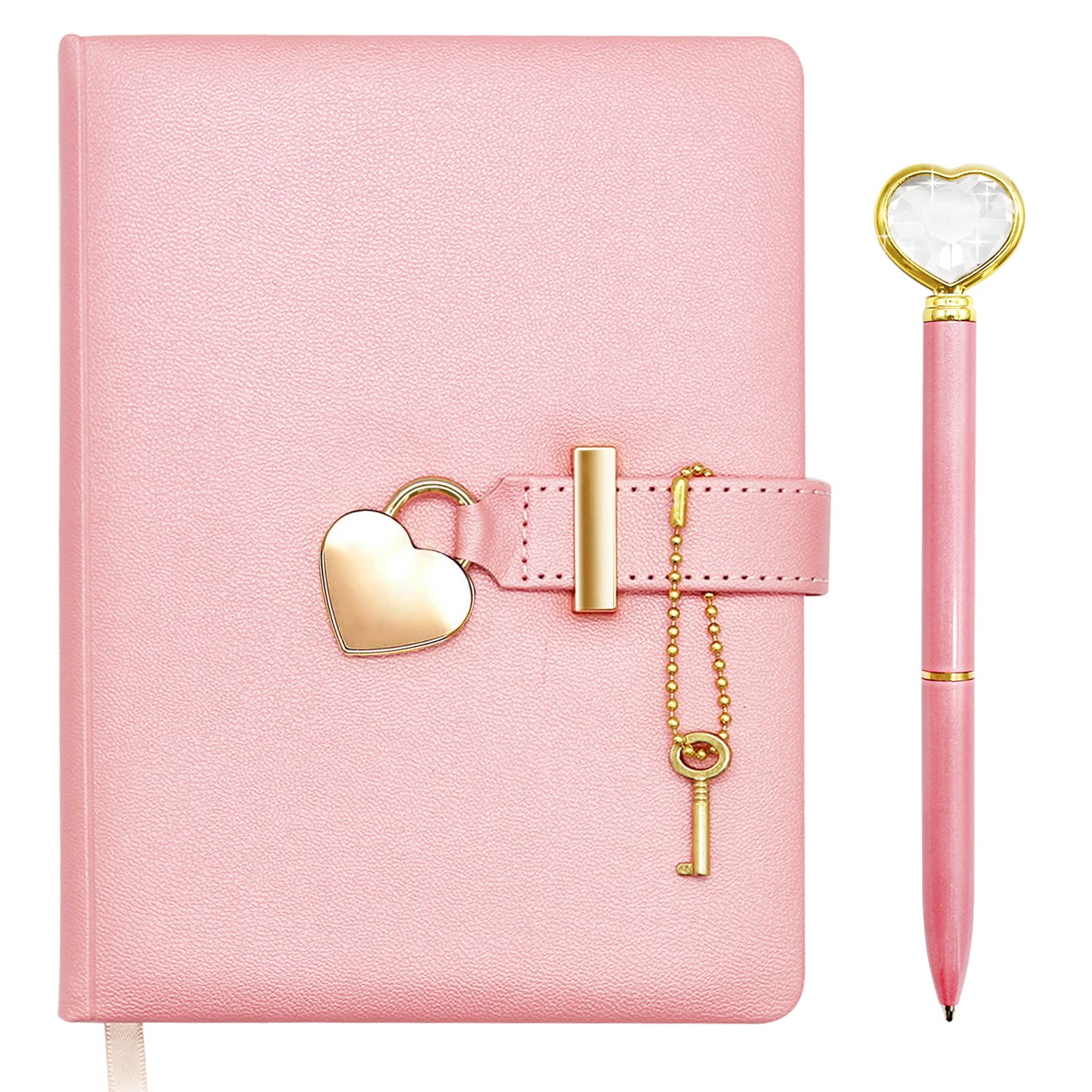 Hioph Secret Diary with Lock, Heart Shaped Lock Diary with Key, PU Leather Cover Secret Notebook Stationery Set with Heart Diamond Pen, Planner Organizers Journal for Girl Birthday Gift