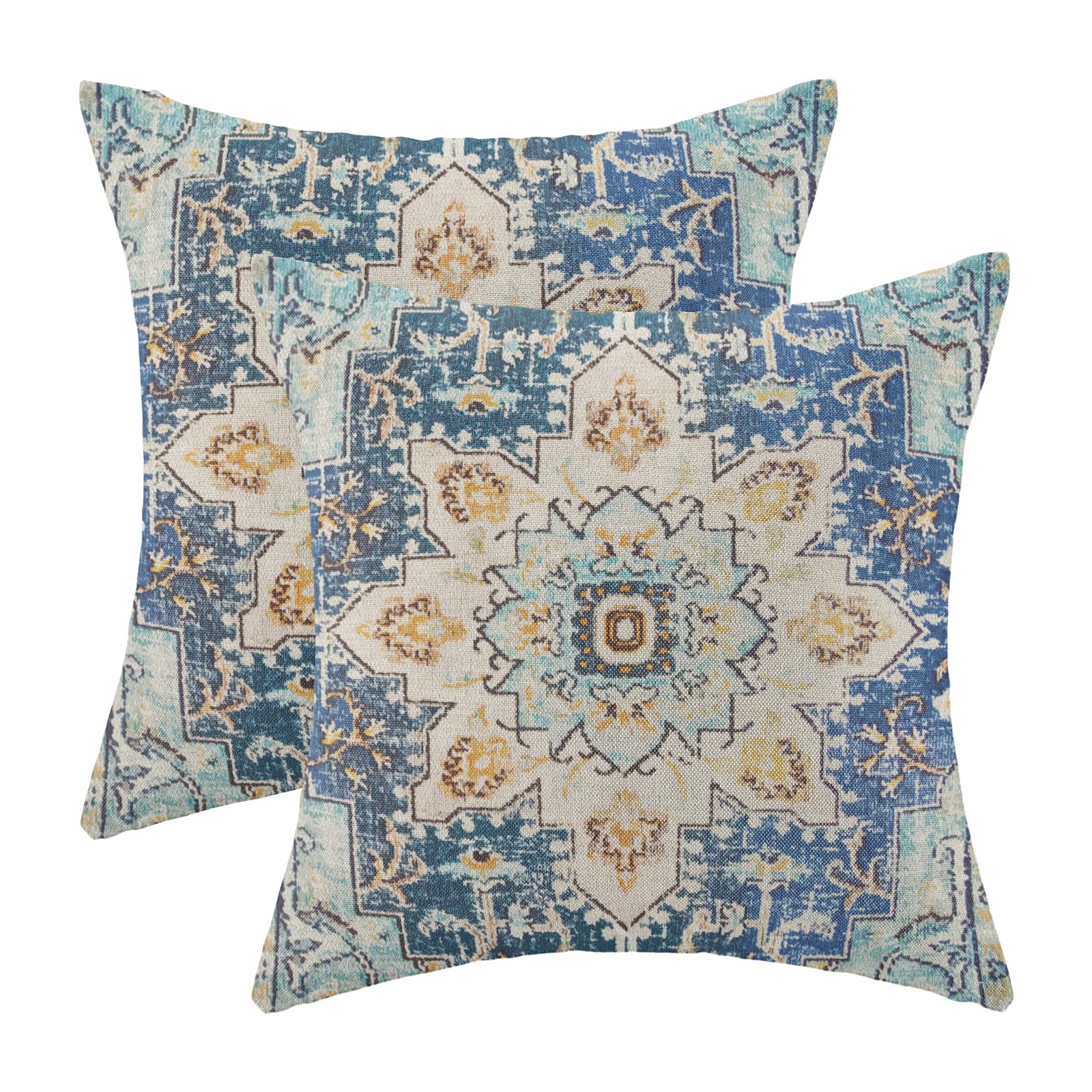 Photo 1 of Gohdiwh Boho Pillow Covers 16x16 Set of 2, Blue Yellow Carpet Pattern Decorative Throw Pillows Linen Ethnic Design Farmhouse Cushion Pillow Covers for Sofa Couch Outdoor Decor