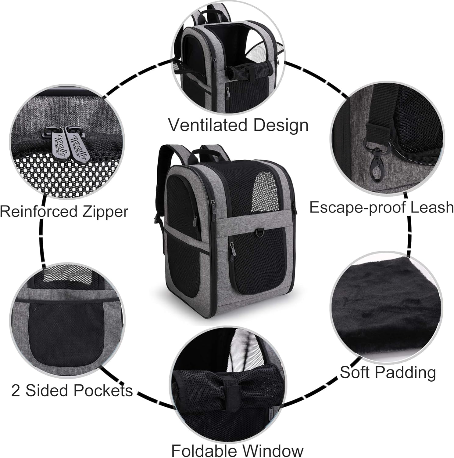apollo walker Pet Carrier Backpack for Large/Small Cats and Dogs, Puppies, Safety Features and Cushion Back Support | for Travel, Hiking, Outdoor Use (Gray): Pet Supplies