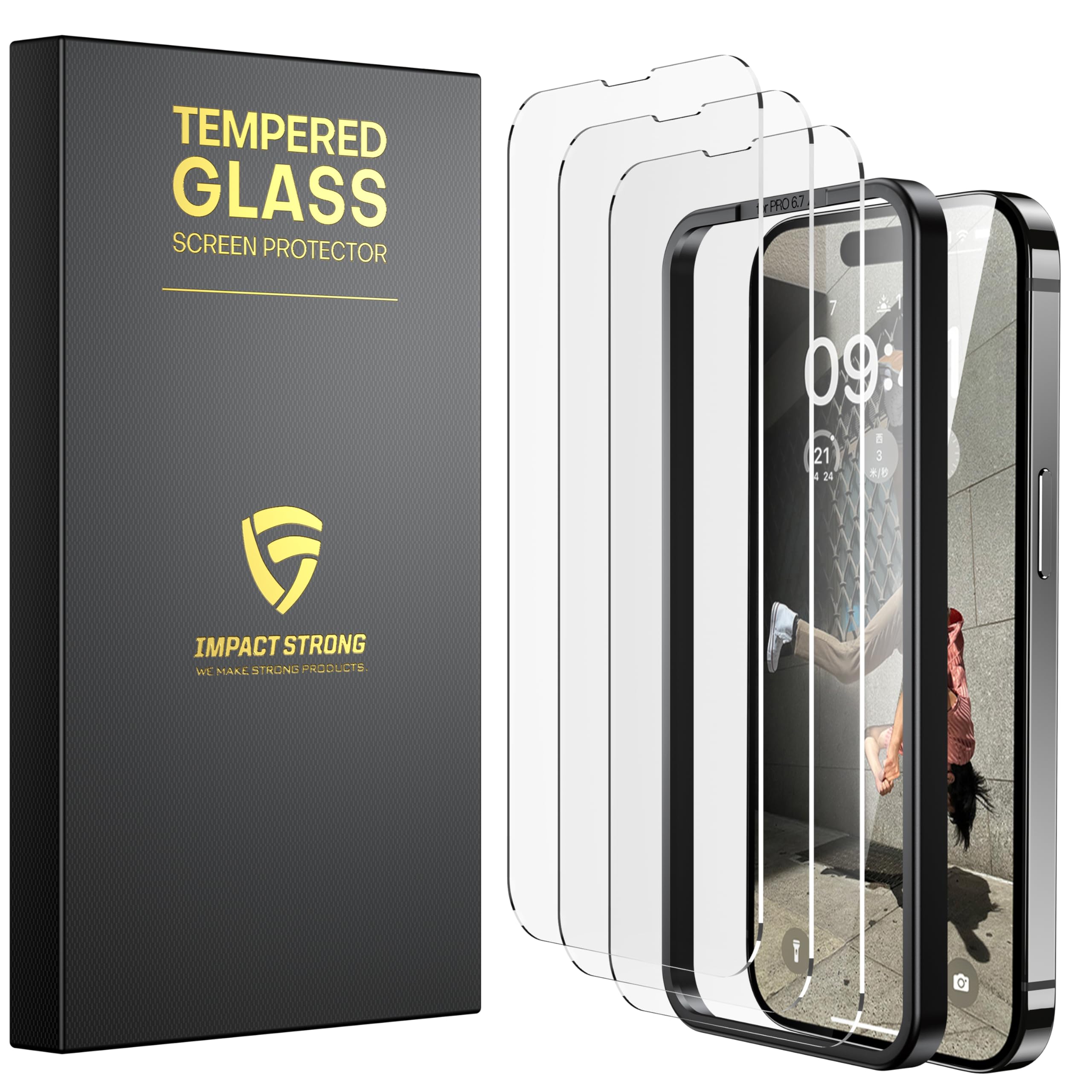 ImpactStrong 3-Pack Shatterproof Tempered Glass Screen Protector for iPhone 14 Pro Max [Easy Installation Frame] [Bubble Free] [9H Hardness] [Full Coverage] Case Friendly, 6.7 Inch