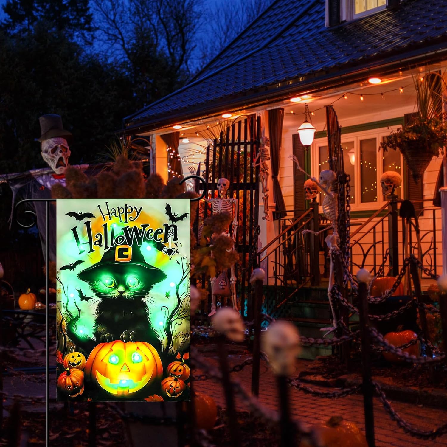 Yard Signs - Solar Lights Halloween Welcome Garden Flag With Ghost BOO Cat Pumpkin Bat Witch, Double Sided Outside Decorations Burlap Yard Flag 12x18 Inch (Solar light, B1)